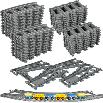 62 Pcs Classic City Train Tracks Set Include 36 Pcs Curved Train Track 2 Pcs Switch Train Tracks 24 Pcs Straight Train Track Compatible Building Blocks