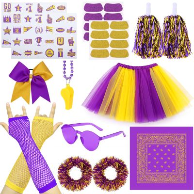 Ramede 21 Pcs Purple and Gold Spirit Wear Girls Team Spirit Day Accessories Field Camp Day Color War Accessories Pep Rally Supplies Camp Game Color Team Items Bulk Tutu Noisemaker Stickers for Sport