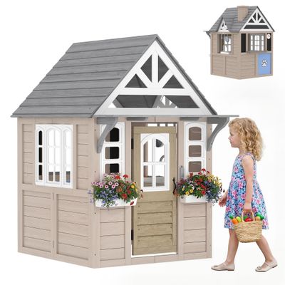 Qaba Kids Outdoor Playhouse Wooden Kids Cottage with Dog Door Ages 2+ Gray