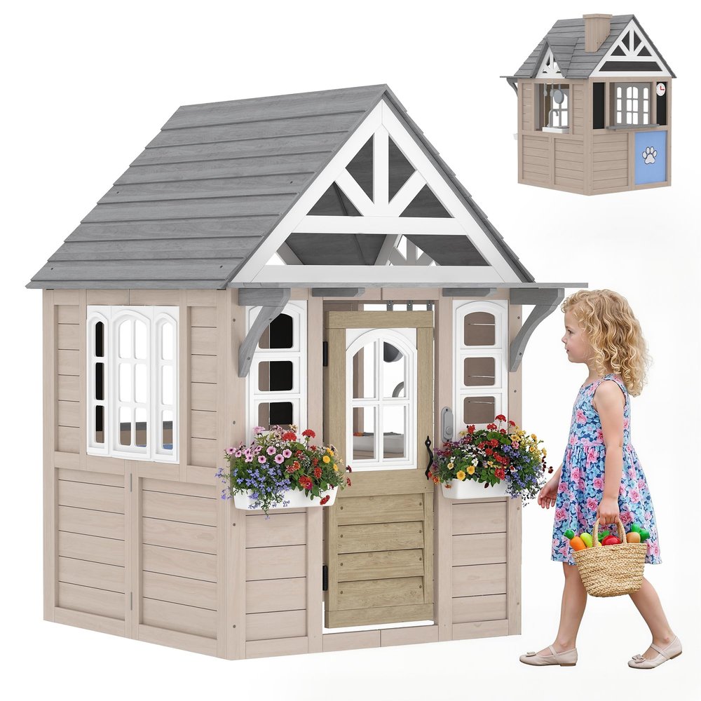 Qaba Kids Outdoor Playhouse Wooden Kids Cottage with Dog Door Ages 2+ Gray