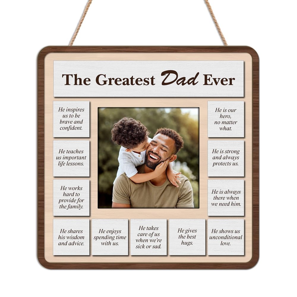 Personalized Dad Photo Wooden Hanging Sign, Custom Dad and Baby Picture Frame Plaque Father's Day Keepsake Gifts for Daddy Father Husband from Kids Daughter Son Wife, Reasons Why We Love Dad Gift