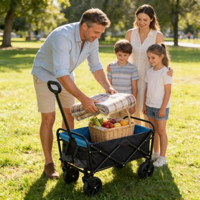 Folding Wagon GShopping Beach Cart (Black+Blue)
