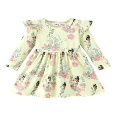 Disney Princess Tiana Toddler Girl Dress Light Green Floral Ruffle Long Sleeve Casual Fall Clothes Cute Kids Outfit Birthday Gift Party Costume 2T