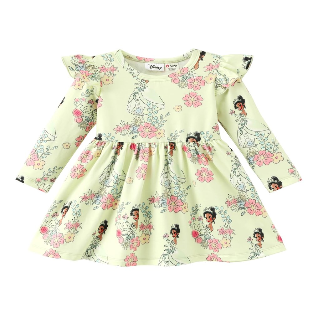 Disney Princess Tiana Toddler Girl Dress Light Green Floral Ruffle Long Sleeve Casual Fall Clothes Cute Kids Outfit Birthday Gift Party Costume 2T