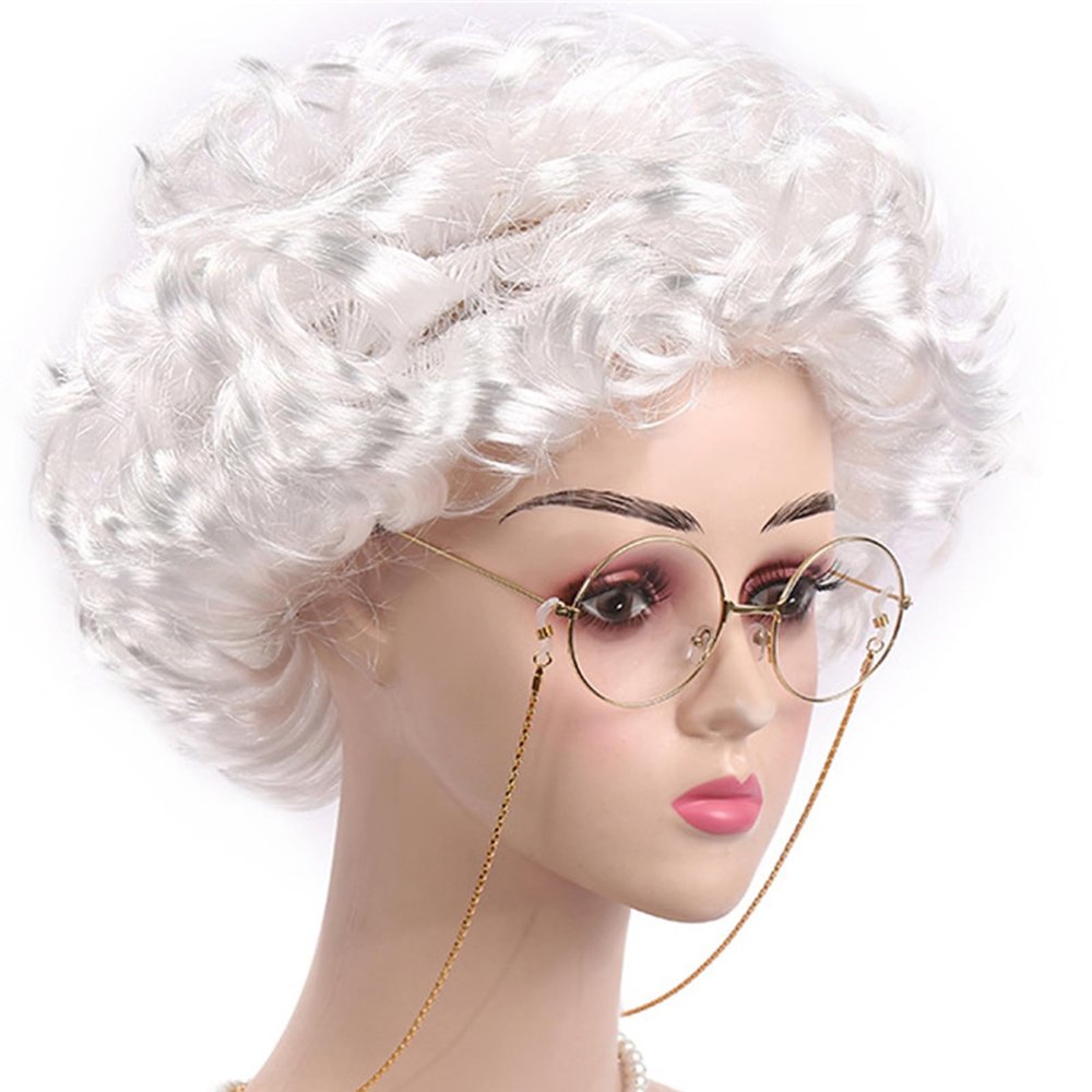 DRAGONRUN Old Lady Wigs Short Gray Natural Lookings Halloween Cosplays Party Granny Costume Grandma for Girls Gray Old Lady Short Granny Costume