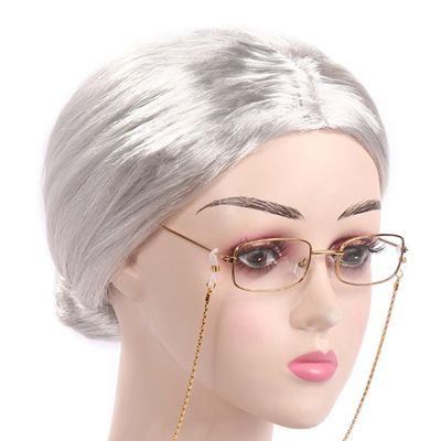 DRAGONRUN Old Lady Wigs Short Gray Natural Lookings Halloween Cosplays Party Granny Costume Grandma for Girls Gray Old Lady Short Granny Costume