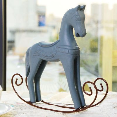 Xixian Handmade Wooden Rocking Horse Toy White Painted Nordic Log Carved Decor (Light Blue)