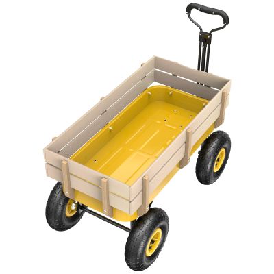VINGLI Cargo Wagon Garden Cart, All Terrain Wagon with Wood Railing 10-inch Pneumatic Turf Tires Children Garden Outdoor (Yellow)