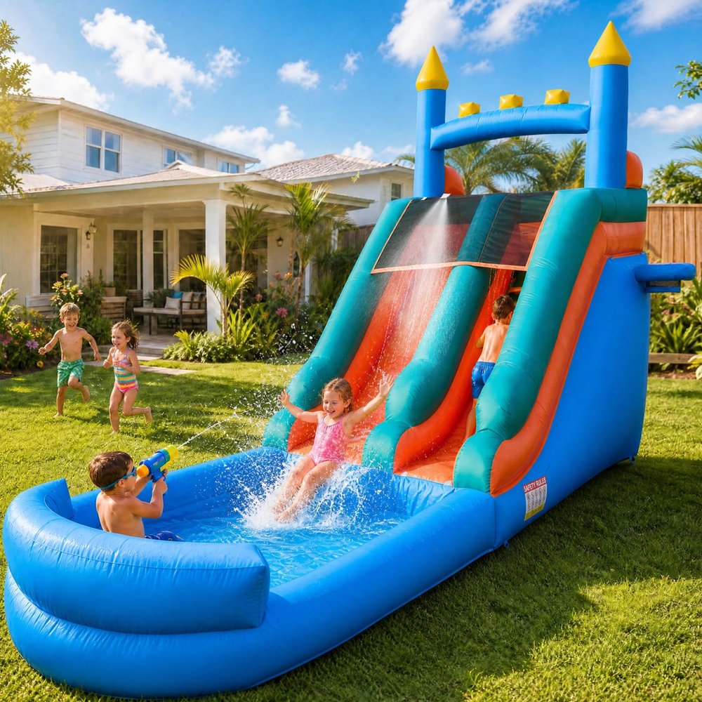 26ft Tropical Inflatable Water Slide with Pool, 100% Commercial Grade PVC Vinyl, Reinforced Strength Wet/Dry Fun, Front Load Entry for Easy Supervision, 950W Air Blower, Blue Castle Design