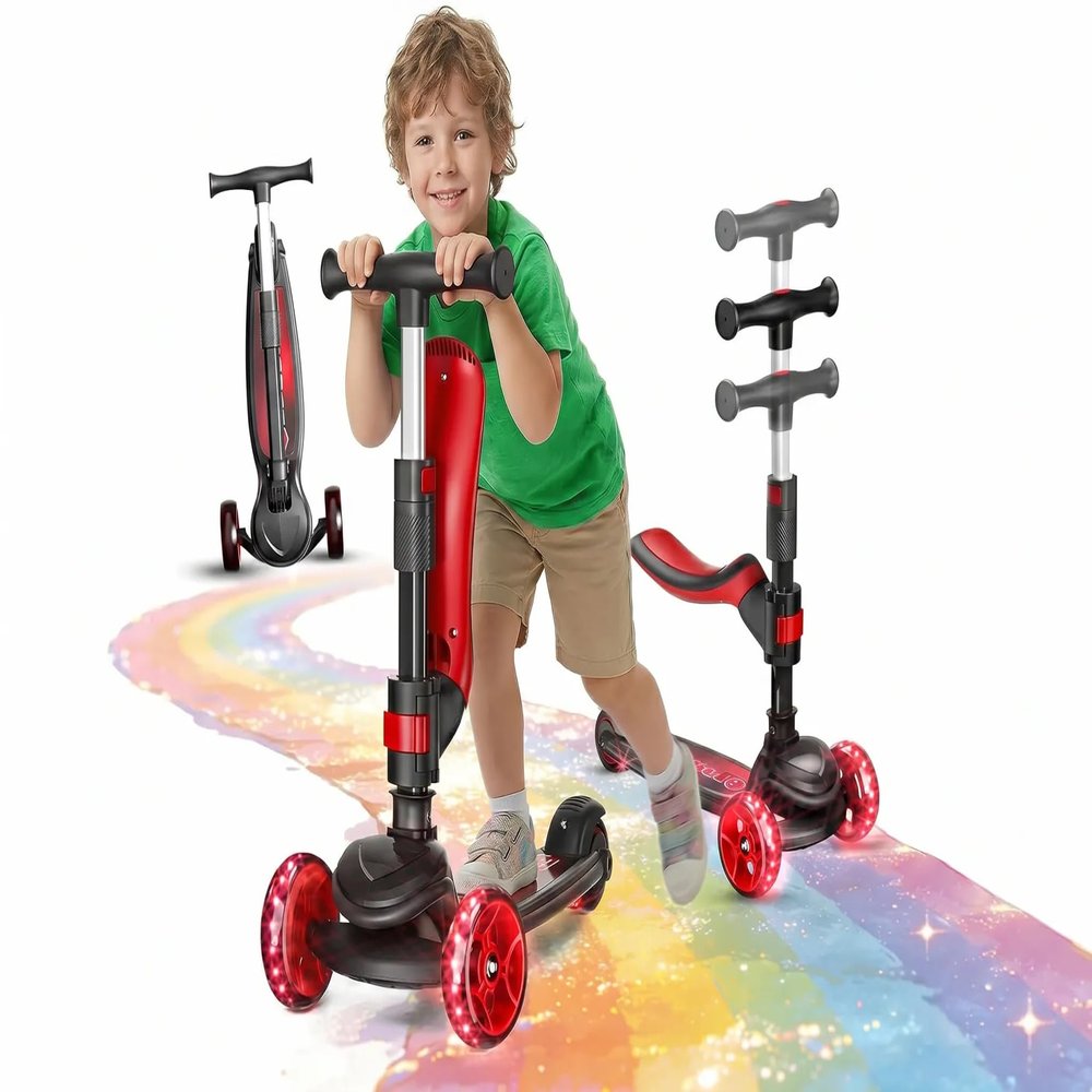 RAZEON 2-in-1 Kids Scooter, 3-Wheel LED Light Up Scooters for Kids, Adjustable Height Handlebar & Removable Seat, Lean-to-Steer Toddler Scooter with Rear Foot Brake.Black