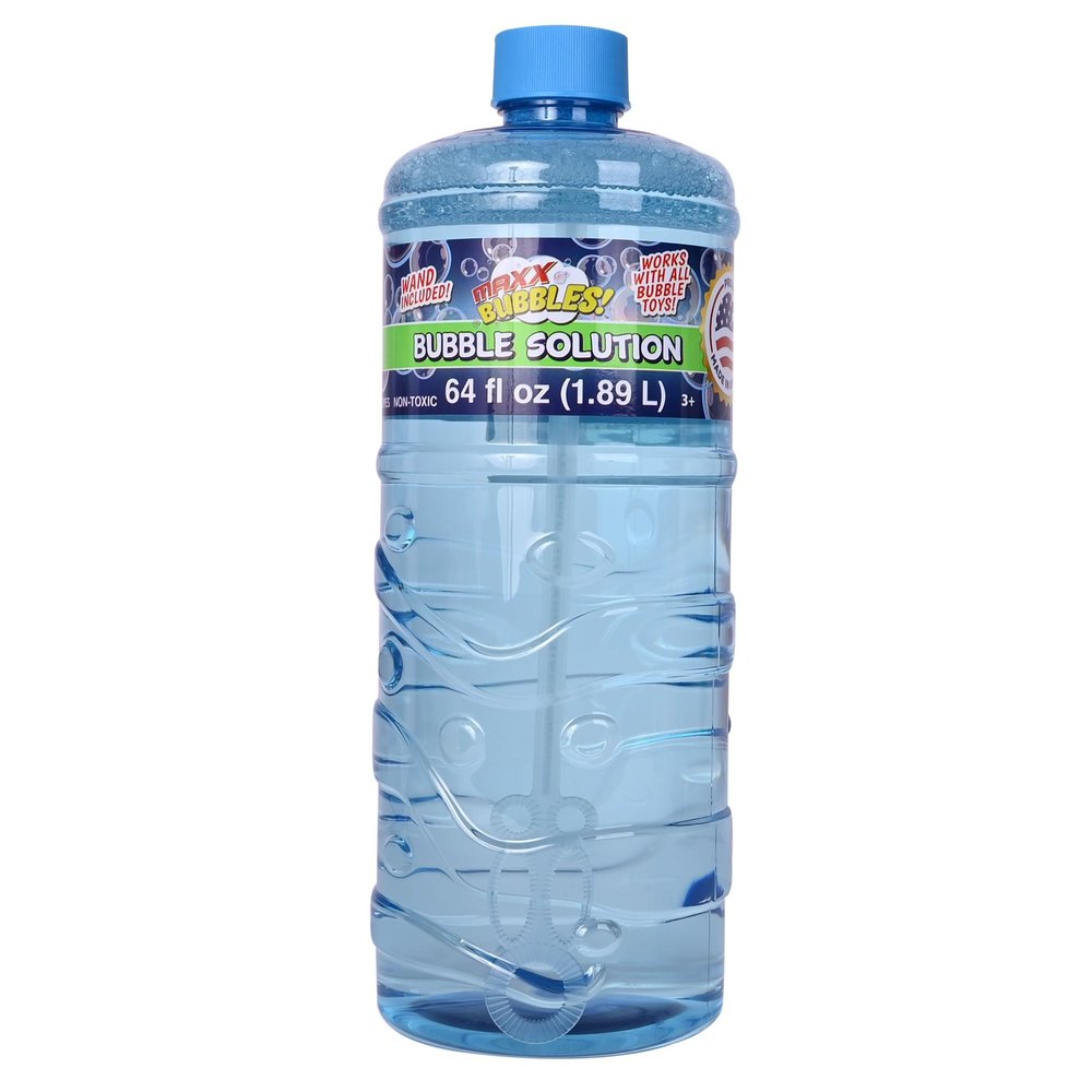 Made in USA Bubble Solution Refill with Wand 64oz Non Toxic Dye Free (1/2 Gallon), Kids Easy Grip Bottle Refill for Bubble Machine, Bubble Wands, Bubble Toys, Blue Bottle