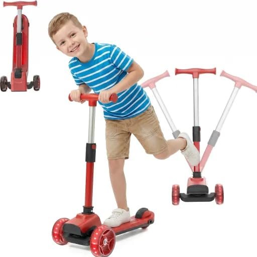 RAZEON 3 Wheel Scooter for Kids Ages 3-8, Kids Kick Scooter with LED Light-Up Wheels & Adjustable Handlebar, Toddler Scooter with Rear Brake (Red)