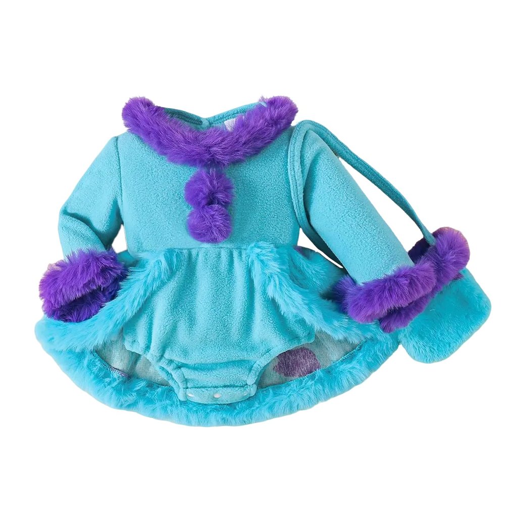 Aiwpstoin Infant Baby Girl Halloween Outfit Funny Monster Costume Furry Trim Fleece Romper Dress Matching Bag 2pcs Set (Blue, 0-3 Months)