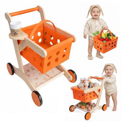 Wooden Baby Walker Shopping Cart for Toddlers, Orange Pretend Grocery Cart