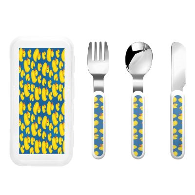 Rubber Duck On Blue Three Piece Cutlery Set Made Of Stainless Steel, Including Knife, Fork, Spoon, And Dining Box