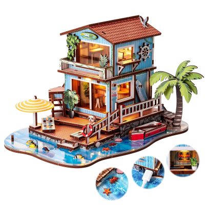 3D Wooden Puzzle Seaside Cottage DIY Miniature Building Kit with LED Lights - Wooden Beach Vacation Craft Model Rural Coastal Home Dcor for Adults