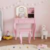 Kids Vanity Table Set with LED Mirror & Stool, Princess Makeup Dressing Table with Jewelry Storage, Toddler Vanity Table and Chair Set, Wooden Princess Makeup Desk Dressing Table for Girls - Pink view 1