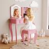 Kids Vanity Table Set with LED Mirror & Stool, Princess Makeup Dressing Table with Jewelry Storage, Toddler Vanity Table and Chair Set, Wooden Princess Makeup Desk Dressing Table for Girls - Pink view 2