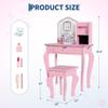 Kids Vanity Table Set with LED Mirror & Stool, Princess Makeup Dressing Table with Jewelry Storage, Toddler Vanity Table and Chair Set, Wooden Princess Makeup Desk Dressing Table for Girls - Pink view 3