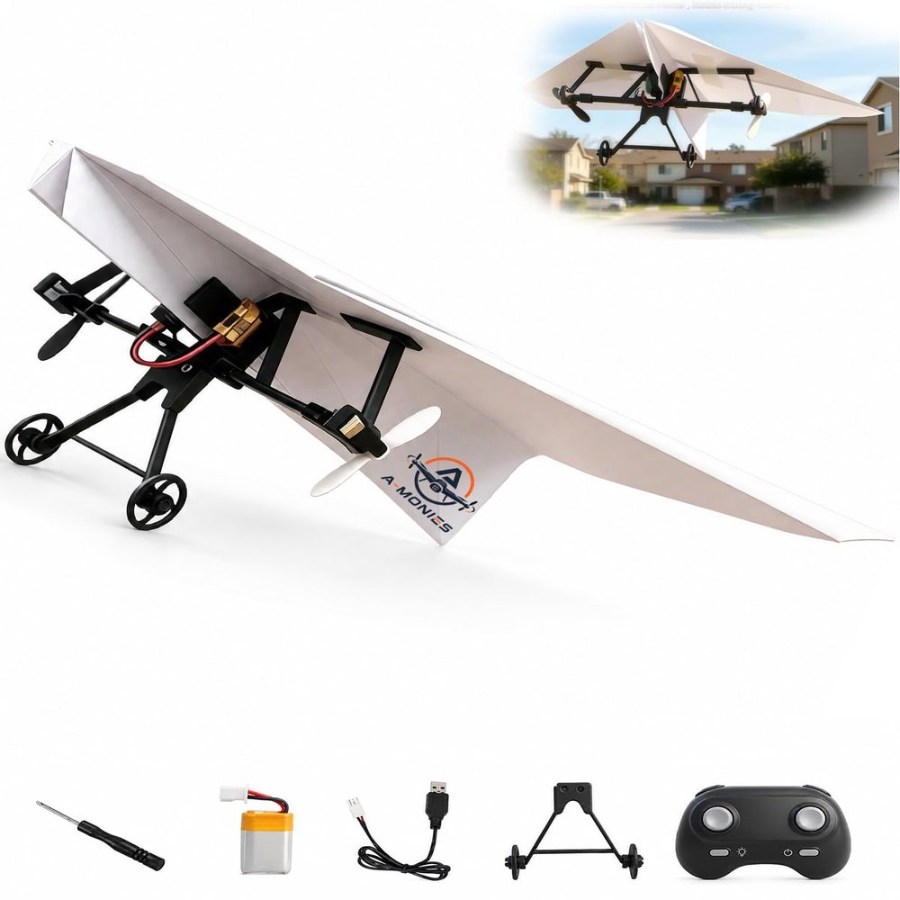 A-MONIES Rc Paper Airplane Kit with Gyro Stabilizer DIY Electric Remote Control Plane with Dual Propellers, Lightweight Foldable Flying Stem Toy Micro Fixed Wing Drone
