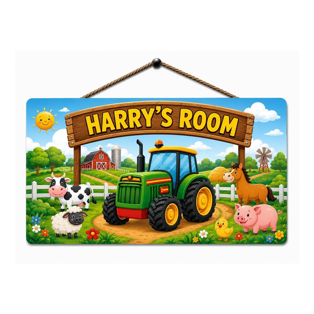 Personalised Children's Room Sign with Name Custom Farmyard Tractor Gloss Wooden Wall Art Baby, Toddler, Infant or Childs Bedroom.