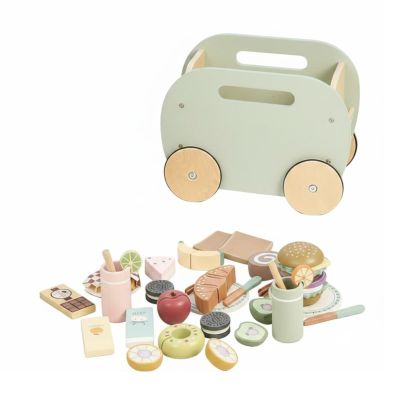 Gralara 31 Pieces Wooden Food Truck Playset Great Gift Wooden Picnic Cart Set Kids Play Wood Snack Cart for Preschoolers, Young Children, Playroom, Outdoor