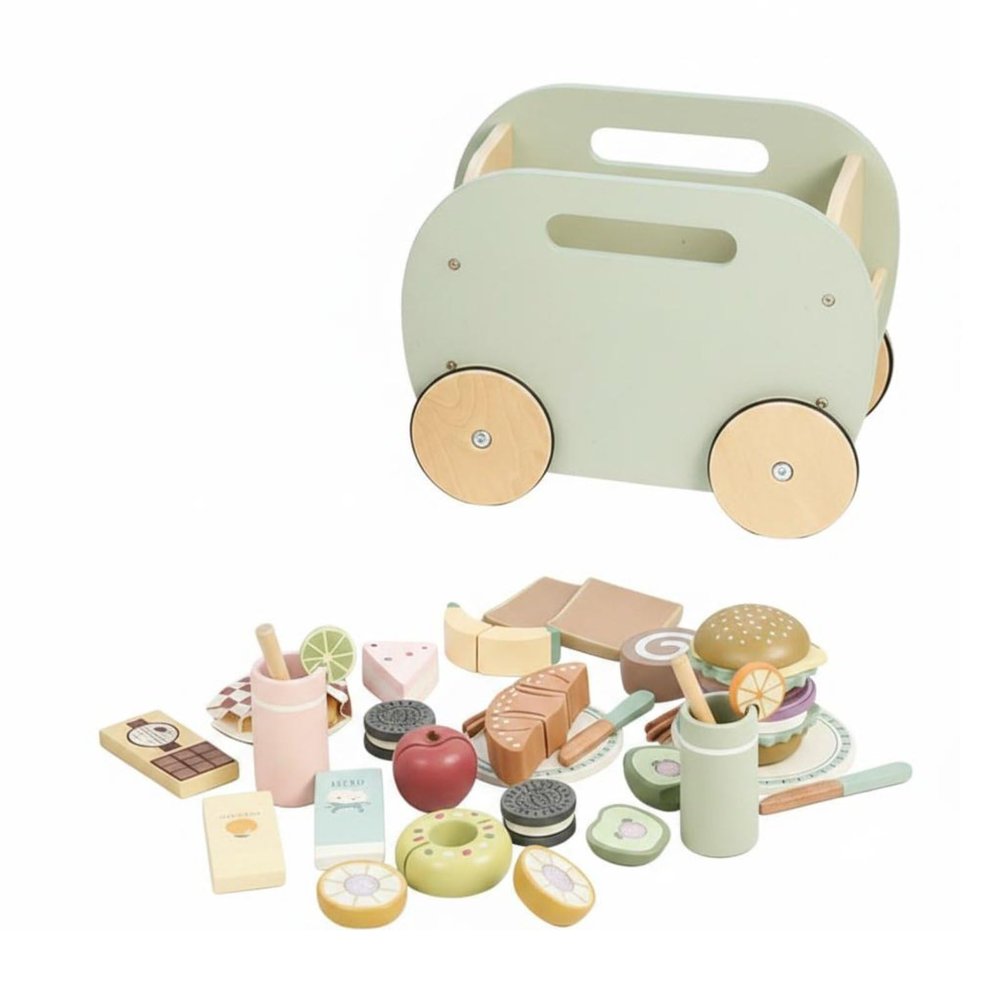 Gralara 31 Pieces Wooden Food Truck Playset Great Gift Wooden Picnic Cart Set Kids Play Wood Snack Cart for Preschoolers, Young Children, Playroom, Outdoor