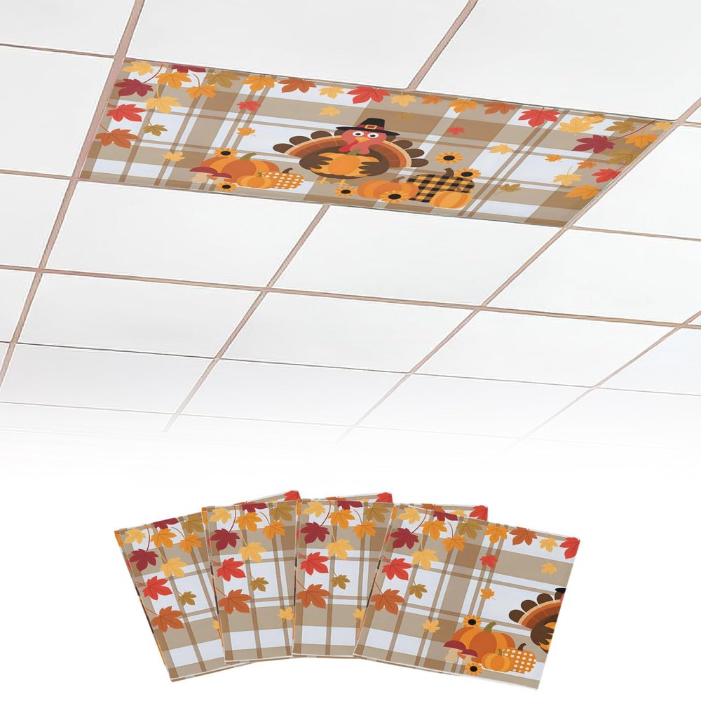 Magnetic Light Cover for Classroom Drop Ceiling, 4 Pack 4x2 Ft Fall Fluorescent Light Covers for Office Home Ceiling Light Cartoon Turkey Pumpkin Maple Checked Plaid Lampshade