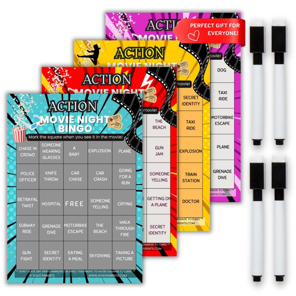 XOXO Parents Movie Night Bingo Cards, Reusable Supplies - Action