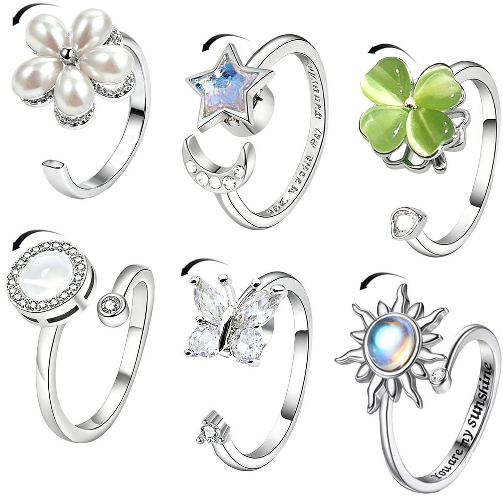 6Pcs Fidget Anxiety Rings for Women, Silvery Open Adjustable Spinner Rings for Anxiety, Stress Relief Rotating Rings with Butterfly Sun Star Flower Four-Leaf Clover Designs, Fidget Jewelry for Women