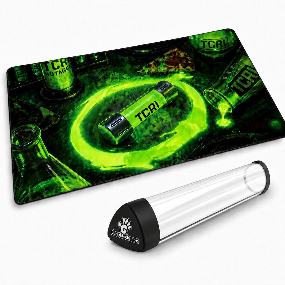 GuarditechProX Glow-in-the-Dark TCG Playmat, 24 x 14 in Rubber Card Game Battle Mat with Real Luminous Green Liquid Effect, Includes Triangular Protective Storage Tube (TCRI, Holographic)