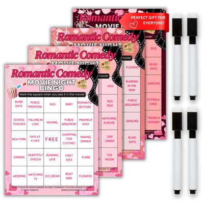 XOXO Parents Movie Night Bingo Cards, Reusable Supplies - RomCom