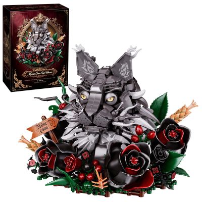 AOUHMN Maine Coon Cat & Black Rose Building Set, 1056PCS Gothic Flower Display Model, Unique Feline Floral Construction Kit for Halloween Home Decor, Holiday or Birthday Gift for Adults, Women or Her