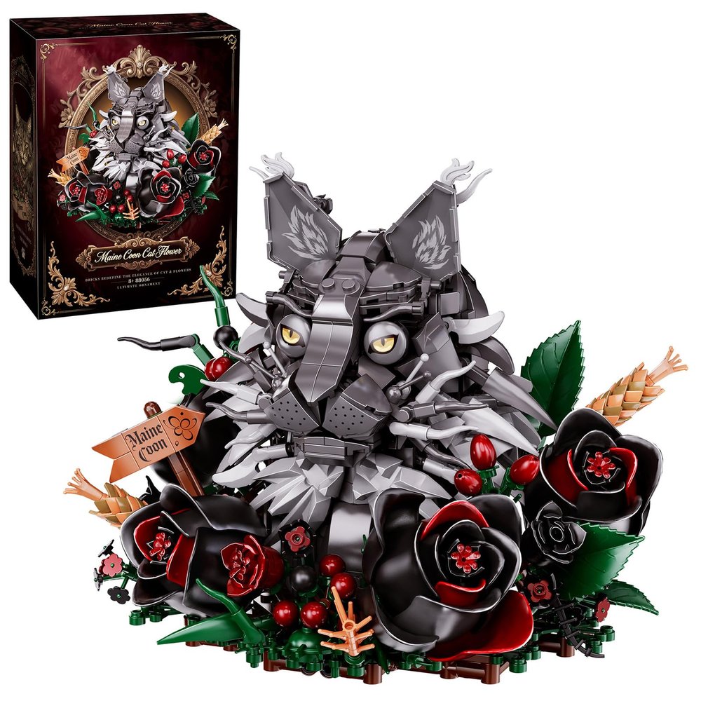 AOUHMN Maine Coon Cat & Black Rose Building Set, 1056PCS Gothic Flower Display Model, Unique Feline Floral Construction Kit for Halloween Home Decor, Holiday or Birthday Gift for Adults, Women or Her