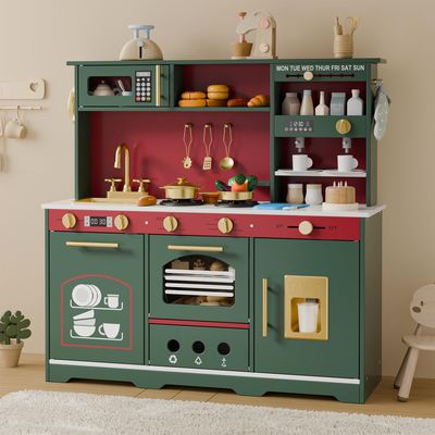 Play Kitchen Set, Kids Kitchen Playset with 21 Fun Accessories, Toy Kitchen with Realistic Appliances, Smart Storage, Wooden Play Kitchen for Kids, Gift for Ages 3+ (Green)