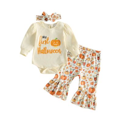 FYBITBO Halloween Baby Girl Clothes My First Halloween Pumpkin Romper Shirt Onesie Bell Bottoms Cute Newborn Fall Outfit (Beige, 12-18 Months)