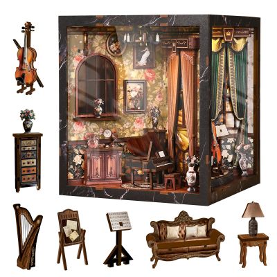 obzergem Book Nook Kit (European Melody Musical Instrument Box) DIY Miniature Wooden Puzzle, Vintage Book Room with LED Lighting, DIY Set for Adults