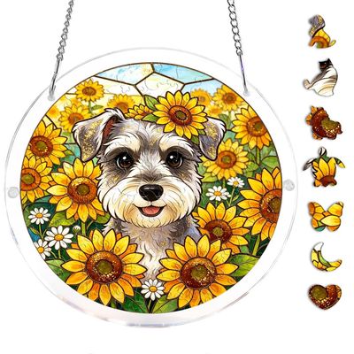 Acrylic Puzzles Suncatcher Window Hanging, 83 Pieces 7.4 Inch Sun Catcher Acrylic Puzzles Garden Decoration for Women Men Mom Birthday Gift Home Decor, Schnauzer Dog Sunflower