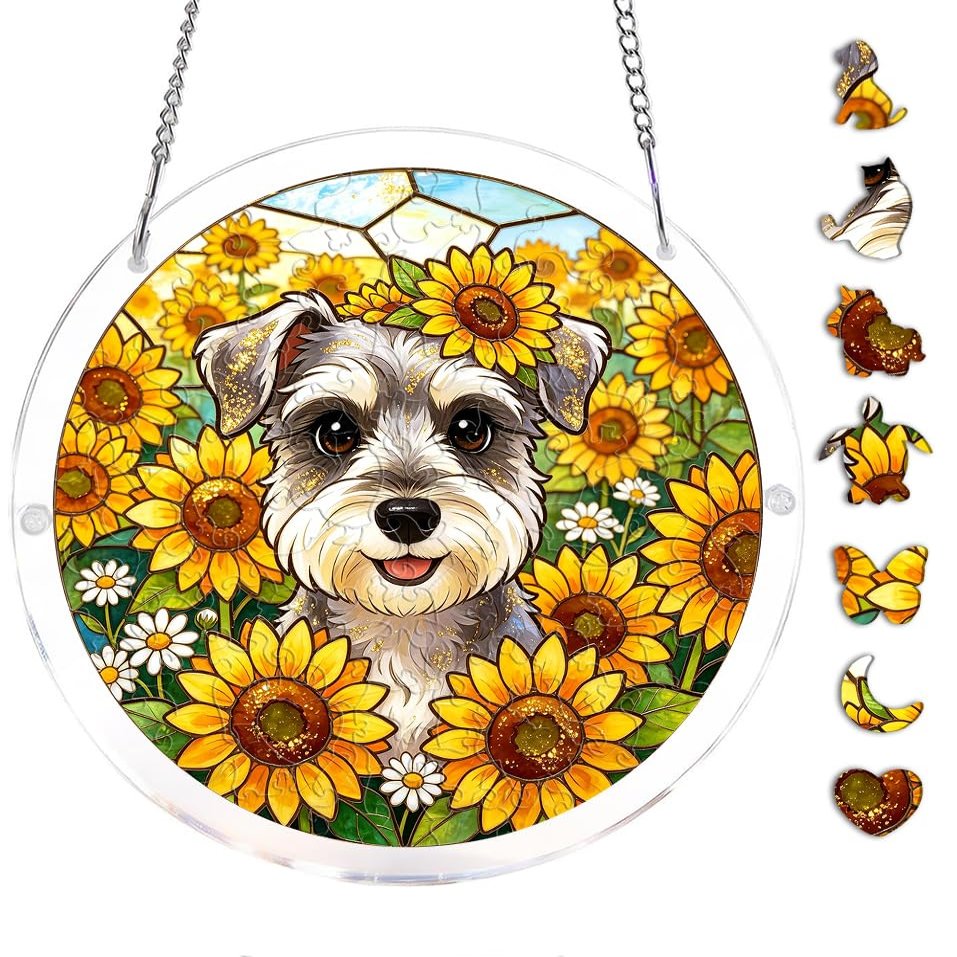 Acrylic Puzzles Suncatcher Window Hanging, 83 Pieces 7.4 Inch Sun Catcher Acrylic Puzzles Garden Decoration for Women Men Mom Birthday Gift Home Decor, Schnauzer Dog Sunflower
