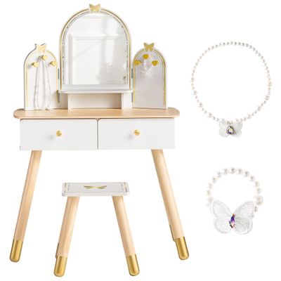 ROBOTIME White Kids Vanity Set Butterfly Mirror Stool for Girl Age3+