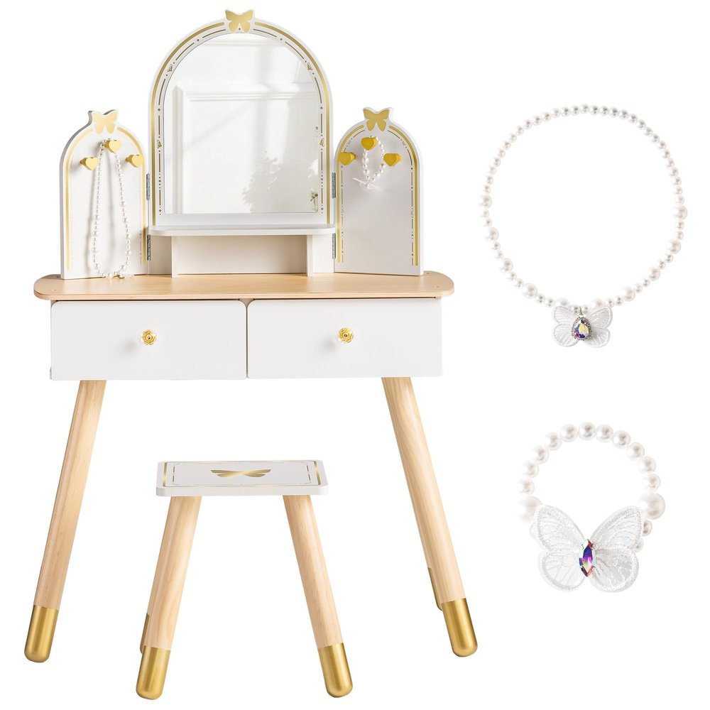 ROBOTIME White Kids Vanity Set Butterfly Mirror Stool for Girl Age3+