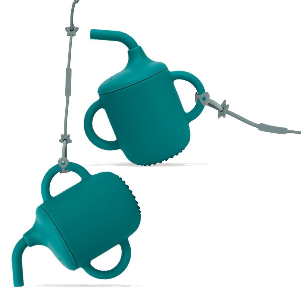 NICINGU 2Pack Silicone Sippy Cup + 2 Toy Straps - Spill Proof Toddler Cup with Adjustable Leash for Stroller High Chair-Blue