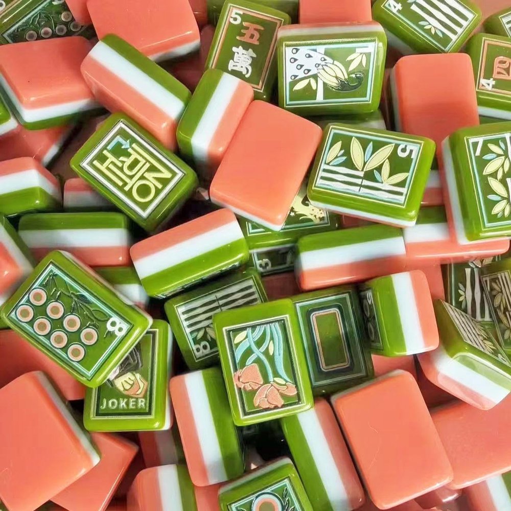 Engraved 160 American Mahjong Tiles - Olive Green & Coral Pink 3-Layer