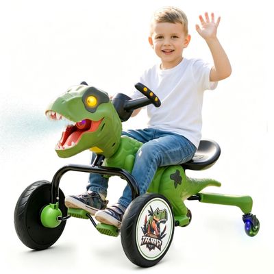 Fancyjoy Dinosaur Pedal Ride on Go-Kart, 4-Wheel Drift Toy Car with Mist Spray, 360 Spin, LED Lights, Music&Roaring Sound, Indoor Outdoor Ride on for Kids Boys GirlsGreen