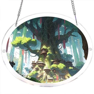Ancient Tree Forest Village Acrylic Puzzle for Adults, 8.9 inch Stained Glass Style Acrylic Jigsaw Puzzle Suncatcher Colorful Window Hanging Sun Catcher, Artistic Home Decor Gift