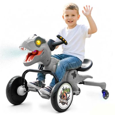 Fancyjoy Dinosaur Pedal Ride on Go-Kart, 4-Wheel Drift Toy Car with Mist Spray, 360 Spin, LED Lights, Music&Roaring Sound, Indoor Outdoor Ride on for Kids Boys GirlsGray