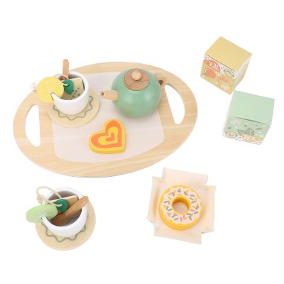 Hamwesh Wooden Tea Party Set, 19Pcs Pine Wood Material Classic Design Toddler Tea Party Set, Simulation Afternoon Toy with Food and Tableware for Home