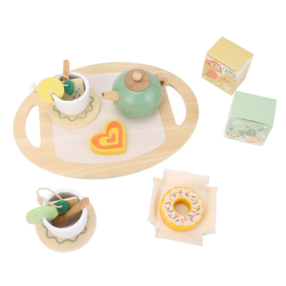 Hamwesh Wooden Tea Party Set, 19Pcs Pine Wood Material Classic Design Toddler Tea Party Set, Simulation Afternoon Toy with Food and Tableware for Home
