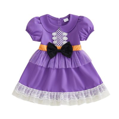 Toddler Baby Girl Halloween Outfit Witch Costume Princess Party Dress Puff Short Sleeve Doll Collar Bow Lace Tutu Dresses (Purple, 3-4 Years)