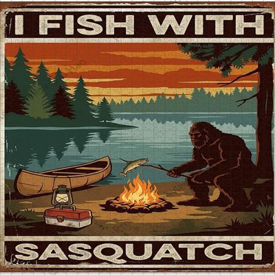 Vintage Bigfoot Fishing Campfire Scene Lake Sunset Canoe Rustic Look Wooden Jigsaw Puzzle 1000 Pieces for Adults Camping Hunting Lodge Decor Funny Sasquatch Slogan Humor Gift for Men Dad